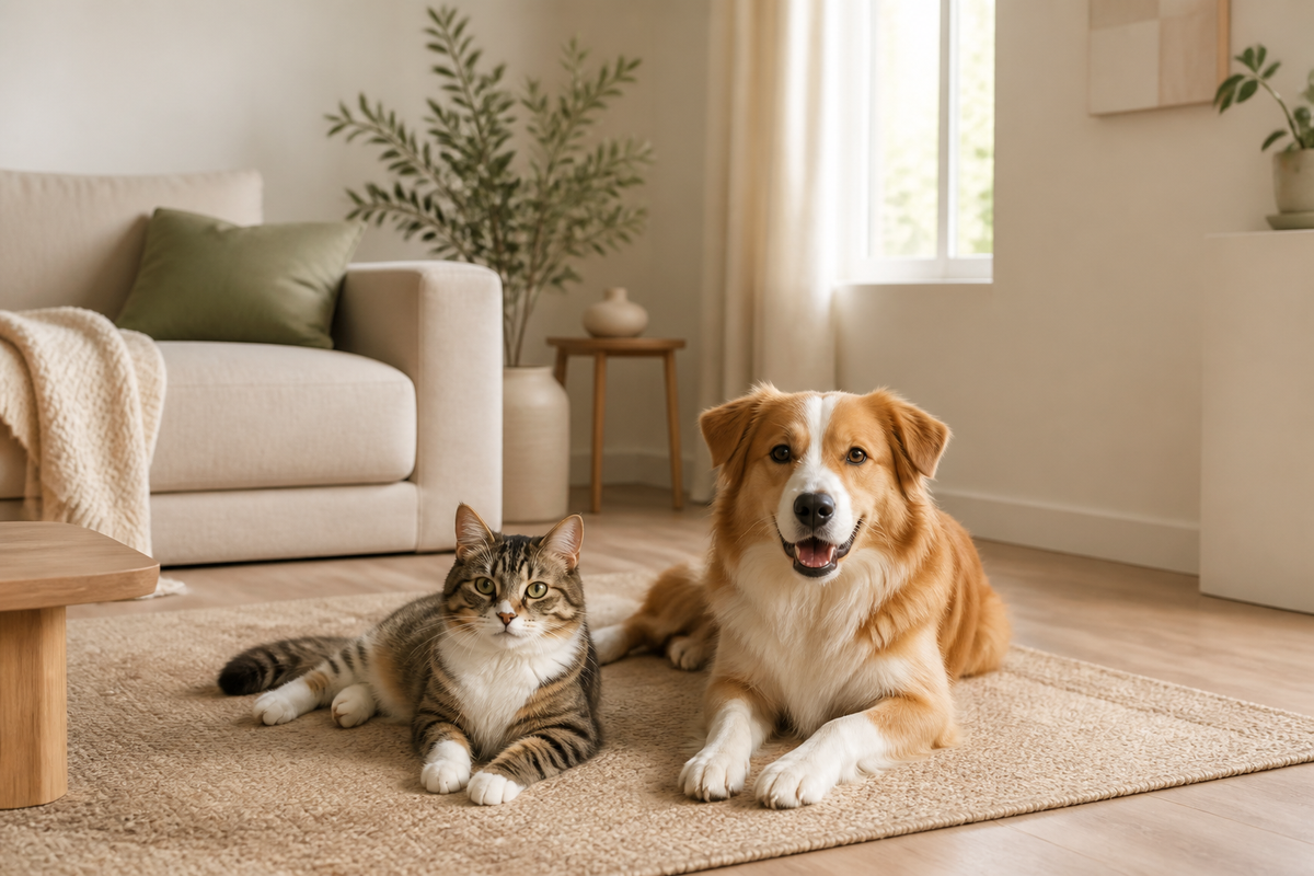 A dog and cat relaxing together in a warm modern home