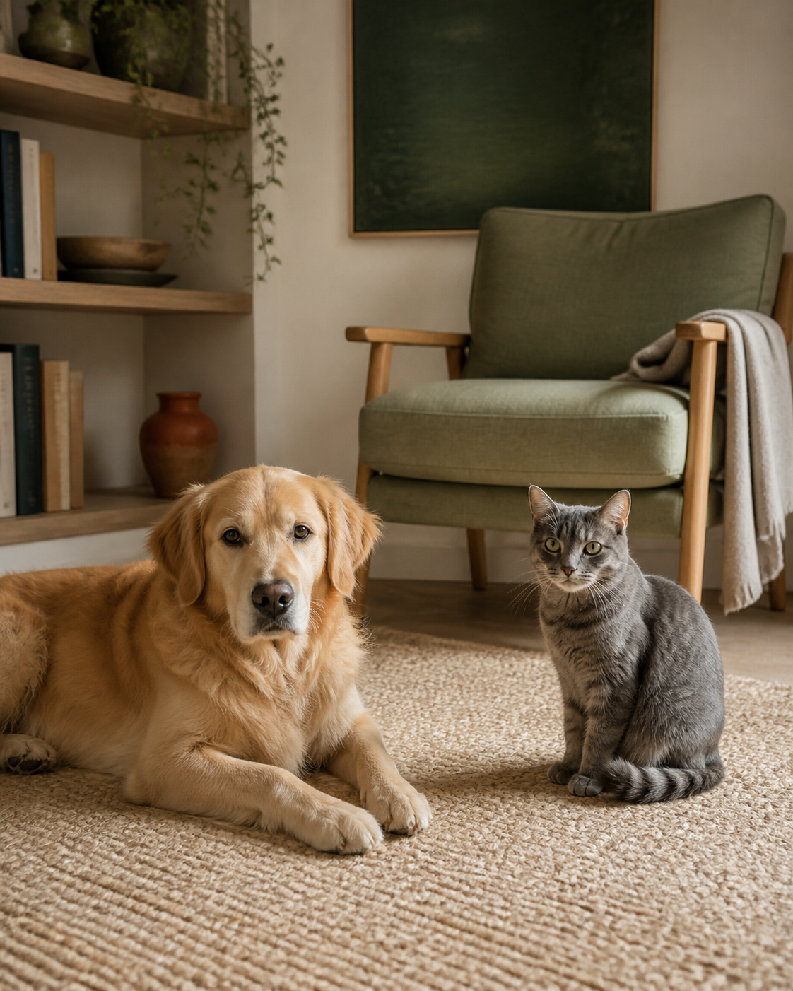 A dog and cat sharing a calm moment in a warm home